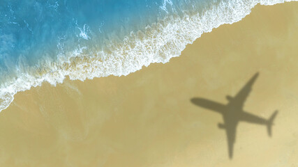 Aerial view of shadow passenger plane silhouette and sandy beach blue sea with waves at sea beach summer vacation sea travel concept	