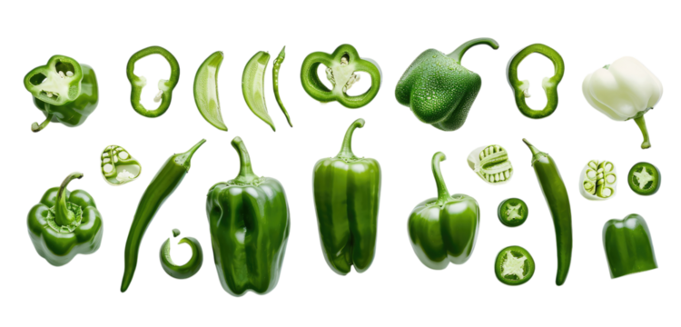 PNG. A photo of green peppers in various shapes and sizes, cut into pieces or left whole on a white background