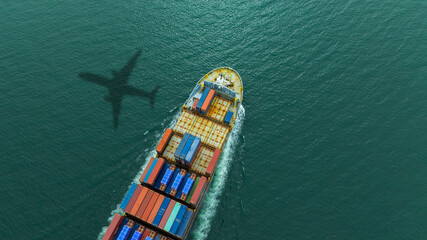 Aerial view of the freight shipping transport system cargo ship container. international...