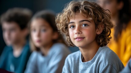 Obraz premium Young Boy with Curly Hair Smiling in Classroom Setting
