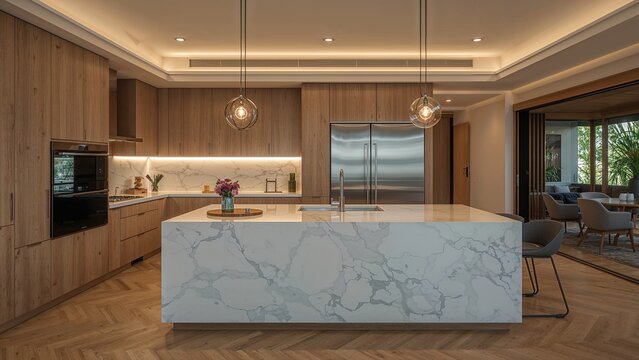 Modern kitchen island with white marble countertop and wooden cabinetry.