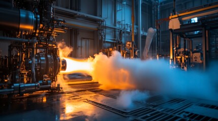 Industrial Rocket Engine Test with Vibrant Flames and Smoke Effects