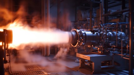 Jet Engine Test with Flames and Smoke in Industrial Setting