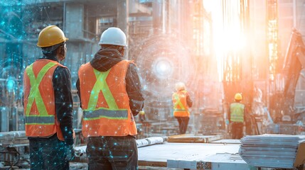 Construction workers in reflective vests and hard hats collaborating at a high tech building site with digital network overlays