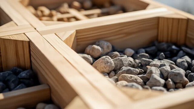 Wooden cross partition filled with rocks