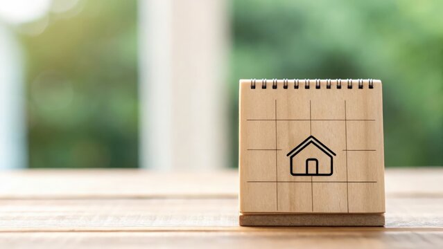 Wooden calendar block with house icon marked — key date for mortgage, closing, or move-in
