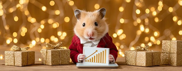 A cute hamster in a Christmas setting, holding a graph on a tablet with festive lights.