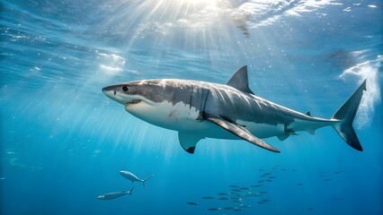 Naklejka premium Realistic Underwater Photo of a Great White Shark Swimming in the Ocean