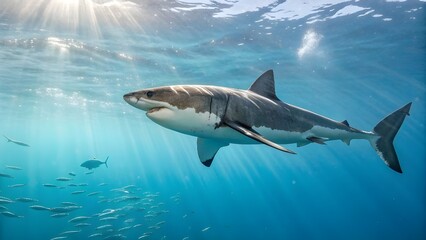 Fototapeta premium Realistic Underwater Photo of a Great White Shark Swimming in the Ocean