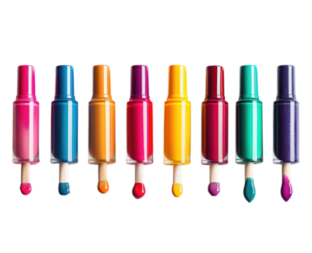 PNG. A set of colorful nail polish bottles arranged in an elegant line, isolated on a white background with a clipping path.
