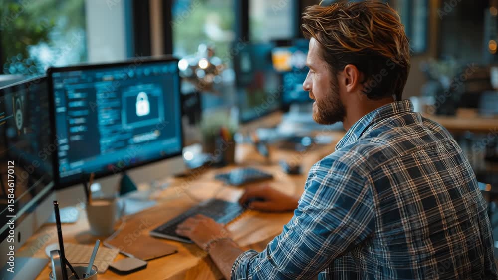 Poster e commerce business owner engaged with secure dashboard on computer in modern office, focusing on da
