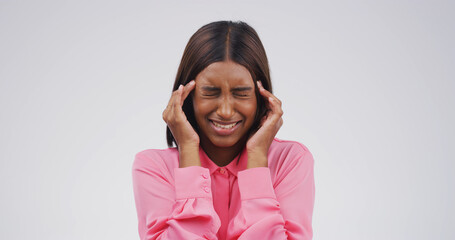 Studio, employee and woman with headache, stress or overwhelmed with workload, thinking and...