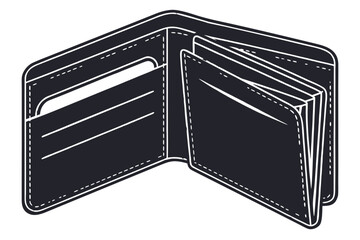 An open black and white illustration of a leather wallet