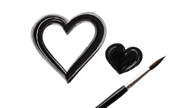 Black Hearts Hand-Painted with Expressive Brush Strokes Isolated on White Background PNG Cutout for Artistic Romantic Design Elements

