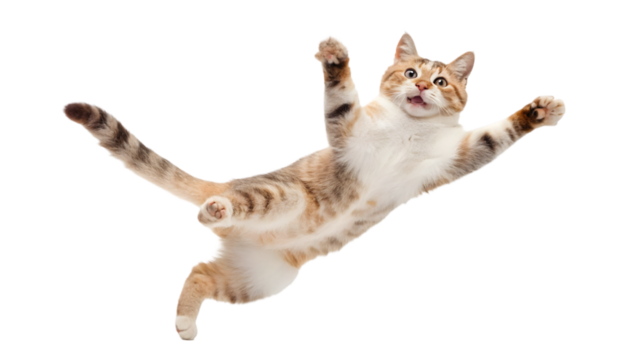 Playful Cat Jumping Mid-Air in Dynamic Poses Isolated on White Background PNG Cutout for Humorous Pet Photography

