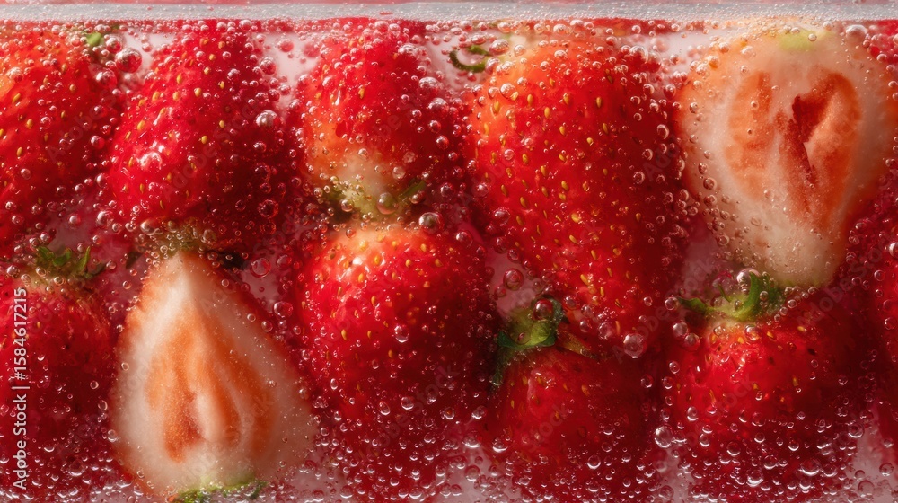 Poster strawberries transforming into refreshing juice, showcasing a clean top layout with bubbles enrichin