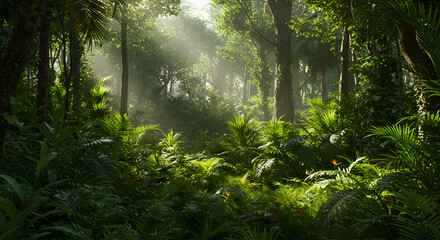 Lush tropical rainforest with vibrant green foliage and sunlight filtering through dense canopy – photorealistic nature scene with rich details, perfect for eco, travel, and environmental themes