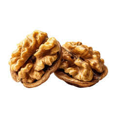 Two halves of a walnut showcasing the edible kernel inside the cracked shell on a transparent background