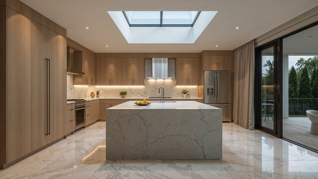 Modern kitchen with a large island and skylight.