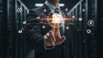Businessman touching digital interface with bank icon and financial symbols - Powered by Adobe