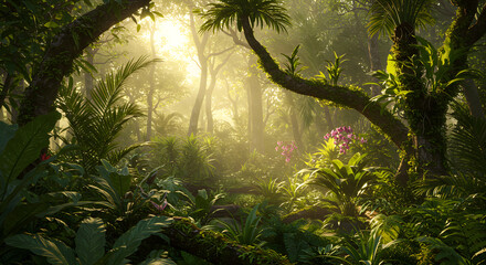 Lush tropical rainforest with vibrant green foliage and sunlight filtering through dense canopy – photorealistic nature scene with rich details, perfect for eco, travel, and environmental themes