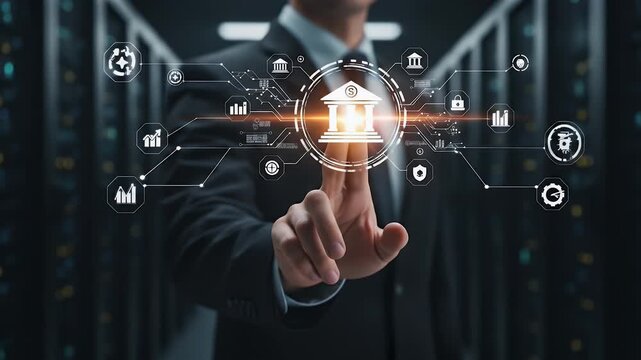 Businessman touching digital interface with bank icon and financial symbols