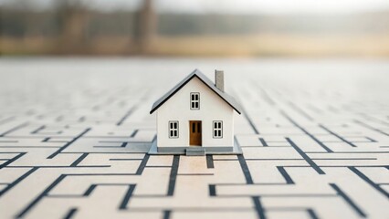Mini house on a maze surface with one clear exit path marked “ROI” — navigating toward real estate returns 