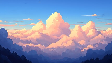 Calm high-altitude view with soft pastel lighting, glowing gradients of pink and blue across a serene sky, airy layers of smooth clouds fading to deep blue, digital painting
