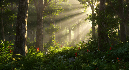 Obraz premium Lush tropical rainforest with vibrant green foliage and sunlight filtering through dense canopy – photorealistic nature scene with rich details, perfect for eco, travel, and environmental themes