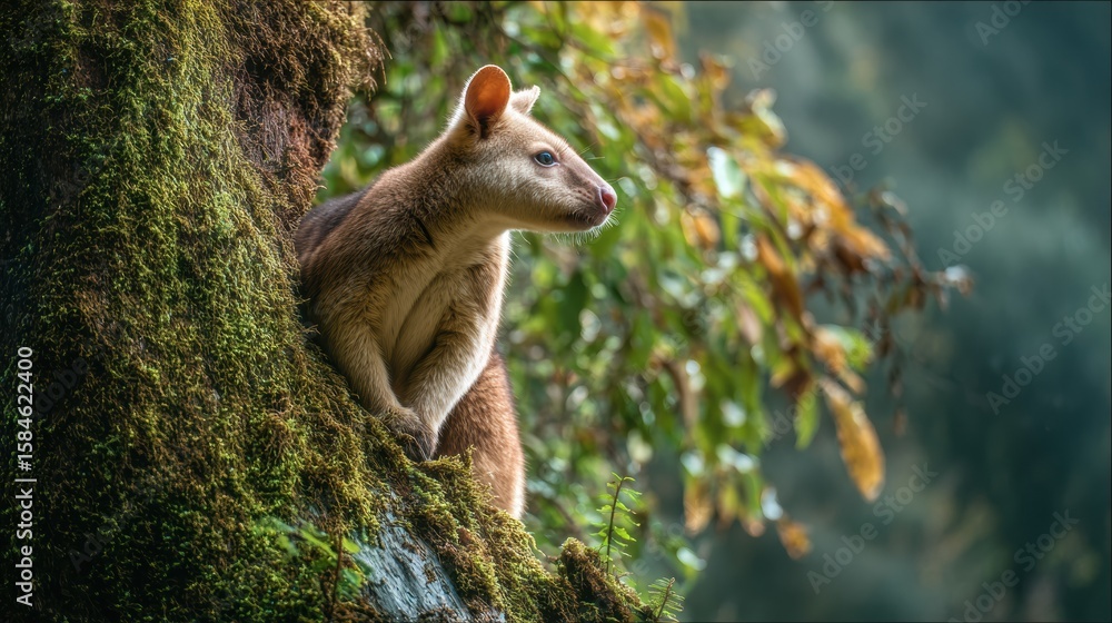 Poster tree kangaroo relaxing on a mossy trunk surrounded by lush greenery in a tranquil forest setting