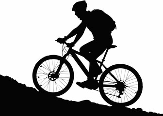 Fototapeta premium A Gritty Silhouette of a Cyclist Ascending a Steep Slope, Backpack in Tow and Muscles Engaged, Symbolizing the Relentless Climb, the Drive for Challenge, and the Unbreakable Rhythm of the Trailblazer