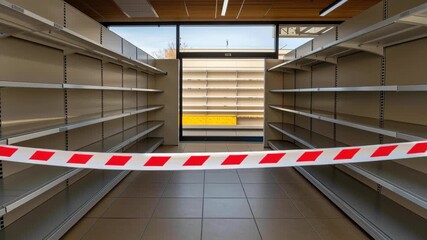 Empty shelves in retail space with caution tape create urgency and sense of abandonment, highlighting restricted access and unease in store interior