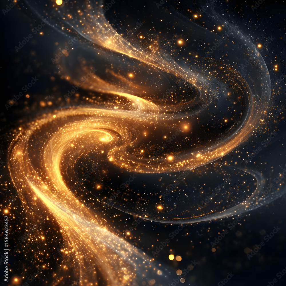 Poster a mesmerizing swirl of golden particles dances in the darkness, creating a captivating visual experi