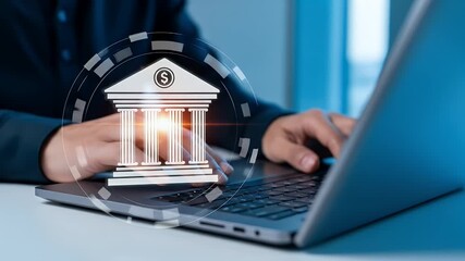 A person uses a laptop with a digital bank icon overlayed - Powered by Adobe
