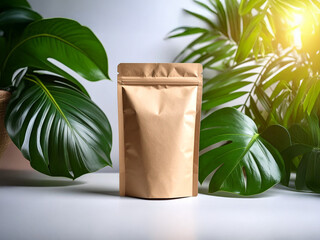 Kraft Paper Sachet Packaging Mockup with Tropical Leaves