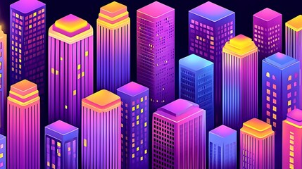 Night aerial view of a sci-fi urban center, glowing neon outlines on skyscrapers, high detail reflections across glass surfaces, structured and organized layout glowing against dark sky