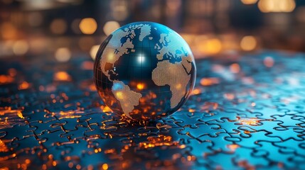 Glass globe on puzzle pieces representing global connectivity and unity