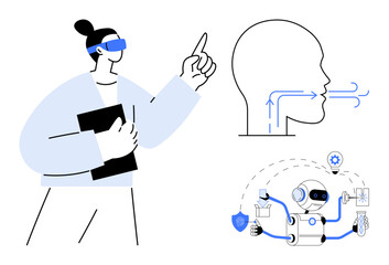 Scientist with VR headset exploring concepts, human head with air flow diagram, robotic AI performing functions. Ideal for technology, science, healthcare, robotics, innovation, education research