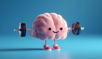 A playful illustration of a strong, smiling brain lifting weights, symbolizing mental strength and fitness in a vibrant, engaging environment.