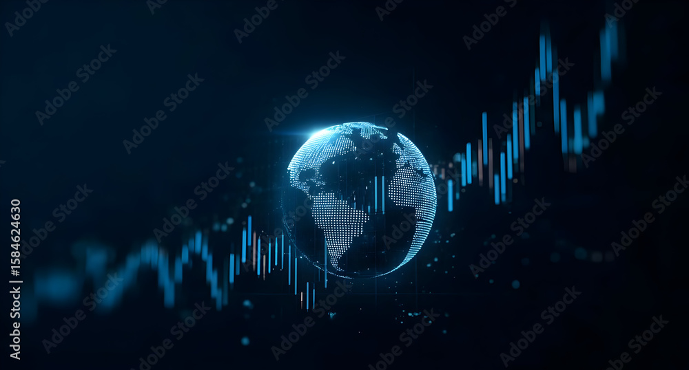 Poster a stunning digital representation of earth surrounded by dynamic data analytics, symbolizing global 