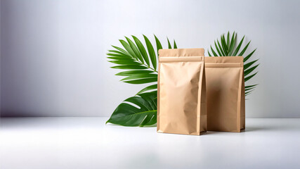 Kraft Paper Sachet Packaging Mockup with Tropical Leaves