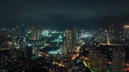 A hyperlapse aerial shot of Mumbai city at night, showcasing the dynamic cityscape illuminated with vibrant lights. Perfect for themes of finance, technology, infrastructure, metropolitan lifestyle.