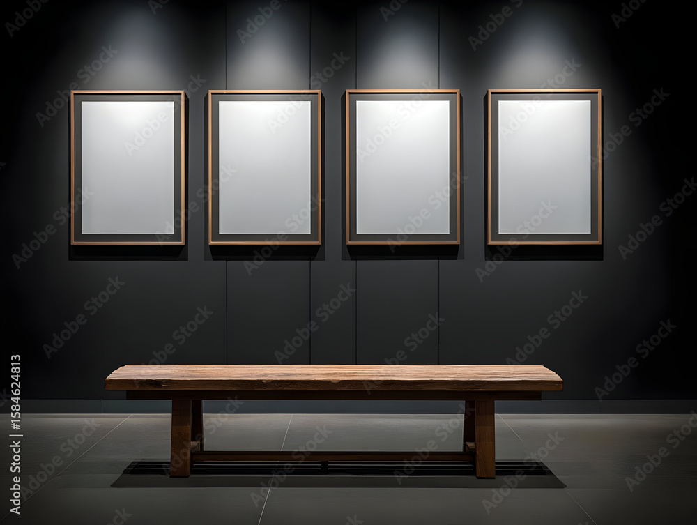 Poster a minimalist gallery space featuring a wooden bench and empty frames illuminated by soft lights. per