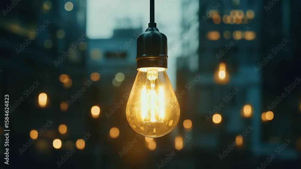 Aufkleber close-up of illuminated light bulb with city lights blurred in the background creating a warm and in