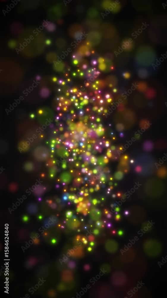 Poster vertical video animation of rainbow color light shine particles bokeh over blue, dark background - s