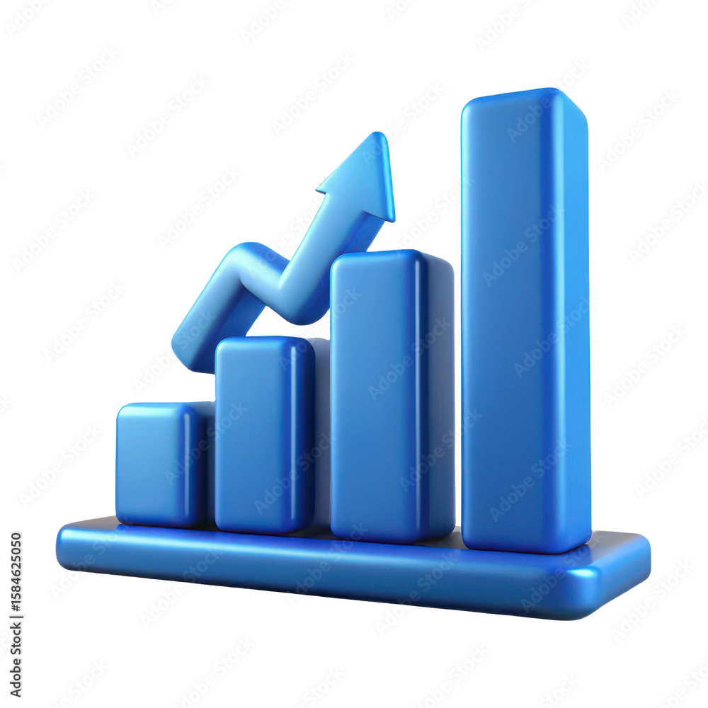 Poster a blue bar graph with an arrow showing an upward trend isolated against a black background space for