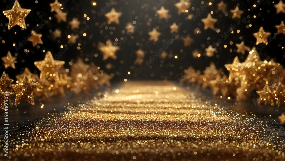Poster a mesmerizing golden path sparkles under a starry night, creating an enchanting atmosphere perfect f