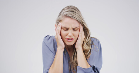 Thinking, employee and woman with headache, stress or overwhelmed with workload, studio and...