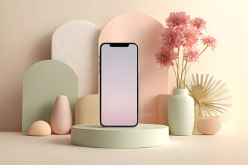 A modern smartphone showcased elegantly on a minimalist pedestal, surrounded by pastel-colored geometric shapes and fresh blooms, evoking a serene ambiance.