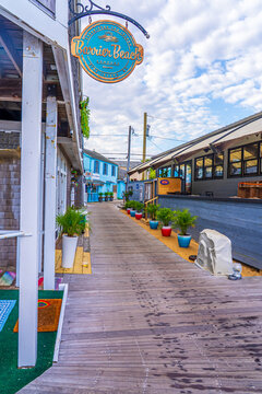 Cherry Grove boardwalk and dock, hotels, bars, restaurants, and shops. Fire Island, New York State, United States of America.